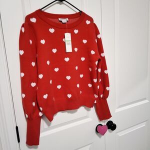 NWT Nanette Lepore Women's Sweater, Red w/White Hearts, Size Large, New w/Tags